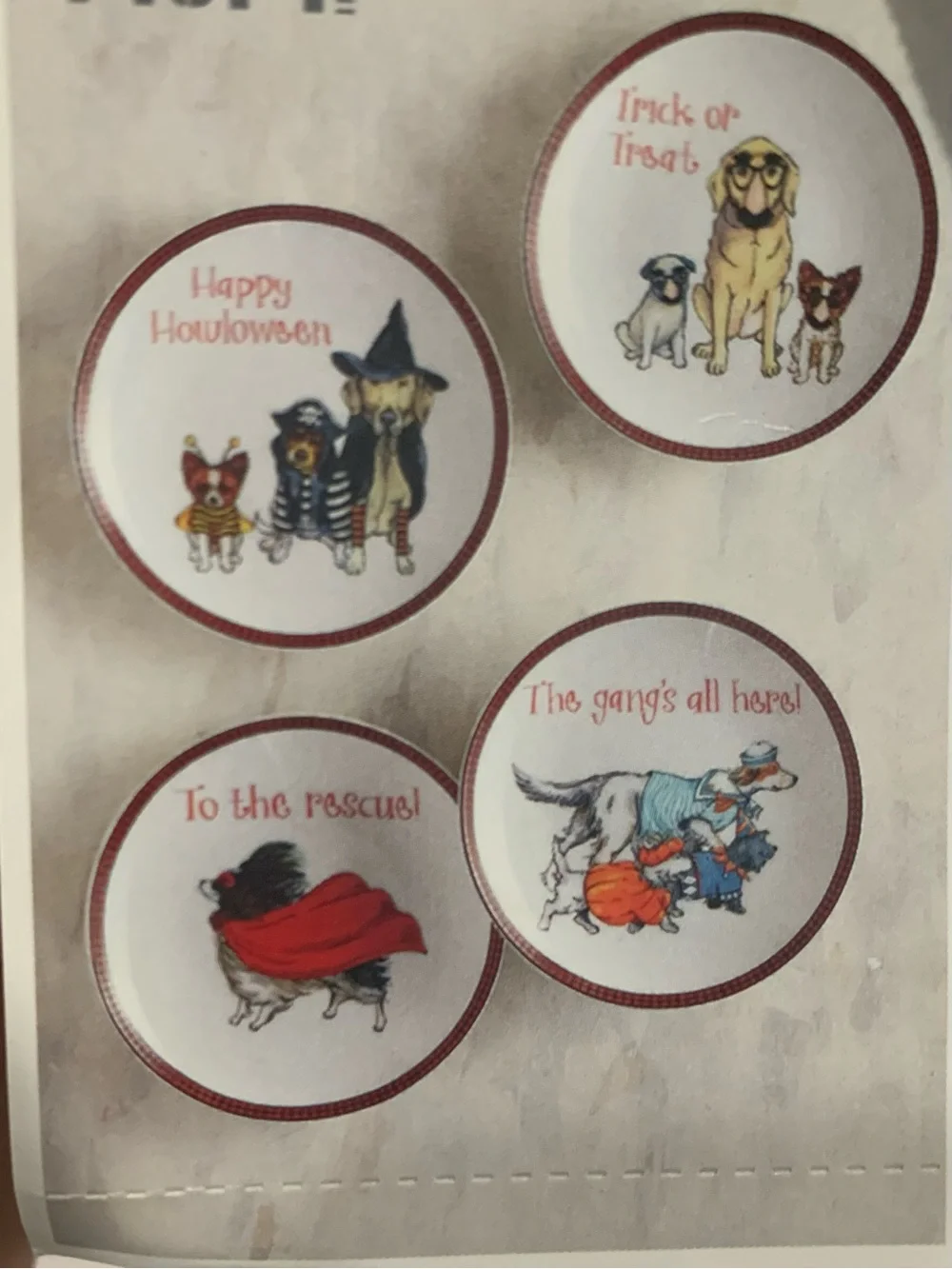 Pier 1 Imports Appetizer Plates set of 4 Halloween Dogs Dressed in Costumes NEW